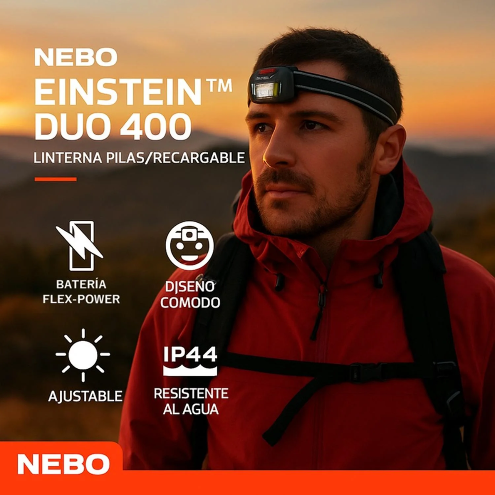 Linterna Frontal NEBO Einstein DUO 400 Lúmenes – Potencia, versatilidad y manos libres
