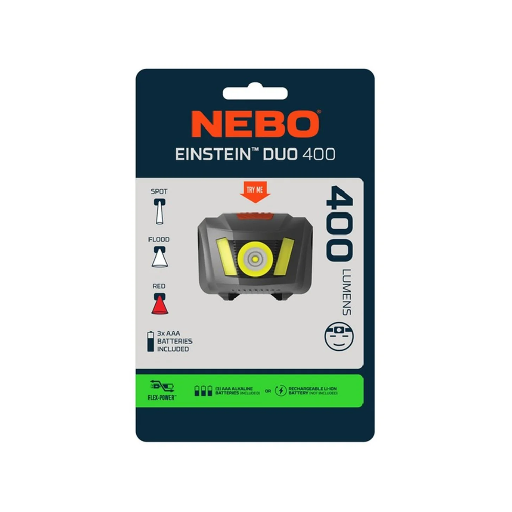 Linterna Frontal NEBO Einstein DUO 400 Lúmenes – Potencia, versatilidad y manos libres