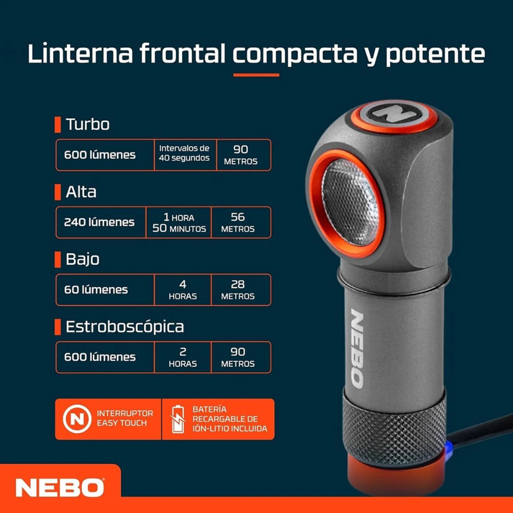 Linterna Frontal Recargable NEBO Einstein 600+ Lúmenes – Potencia y versatilidad para cualquier desafío