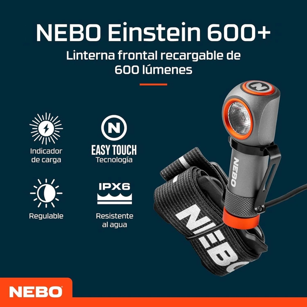 Linterna Frontal Recargable NEBO Einstein 600+ Lúmenes – Potencia y versatilidad para cualquier desafío